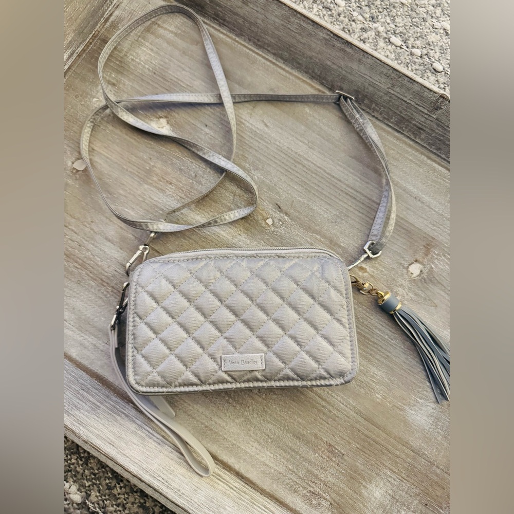 Vera Bradley silver quilted crossbody bag with tassel, detachable wrist strap